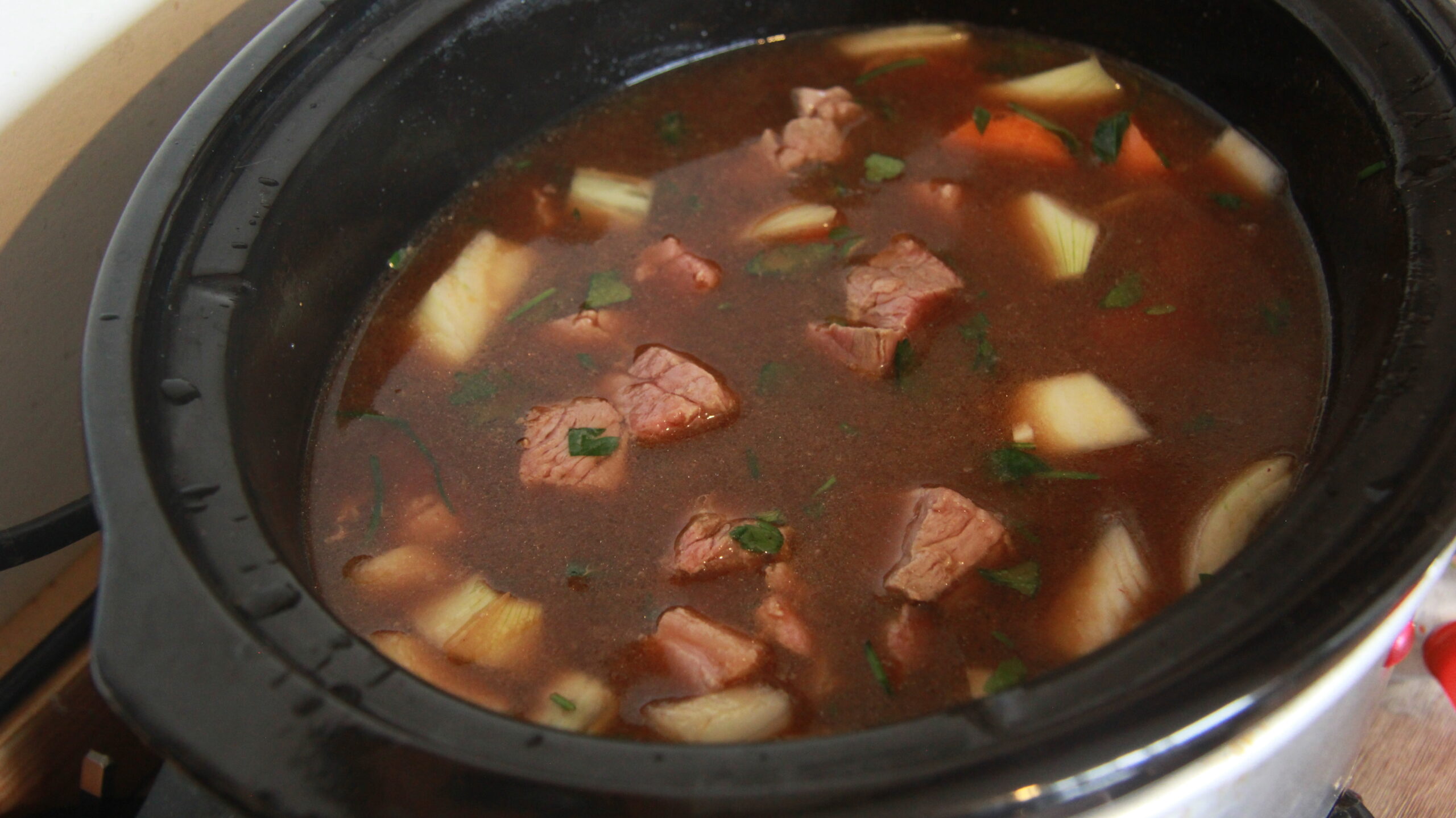 Slow cooker beef stew and dumplings